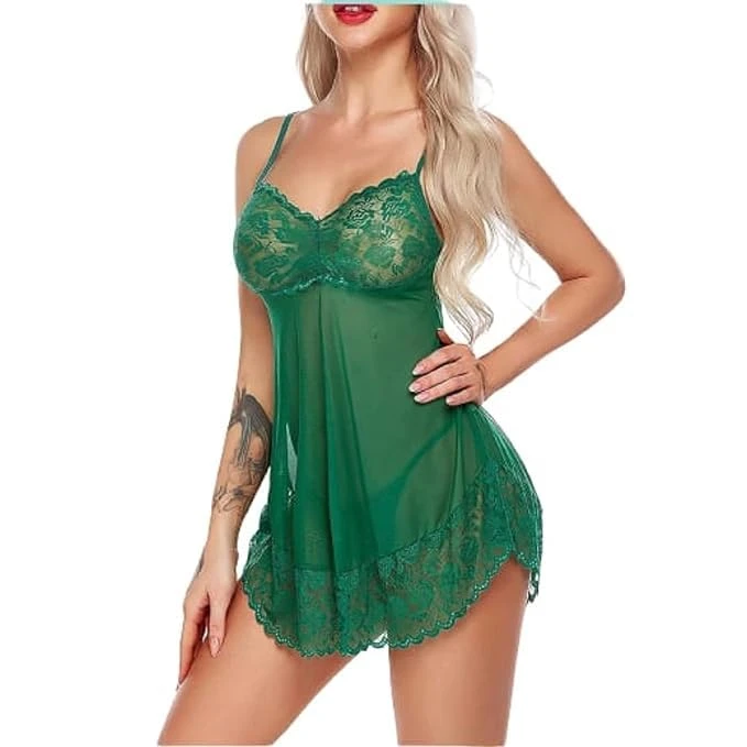 Women's Lace Babydoll Lingerie, Sheer Mesh with Halter Neck, Satin Bow Detail Size Small Color Green