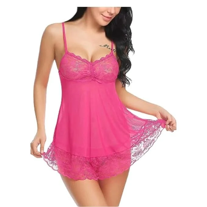 Women's Lace Babydoll Lingerie, Sheer Mesh with Halter Neck, Satin Bow Detail Size Small Color Pink