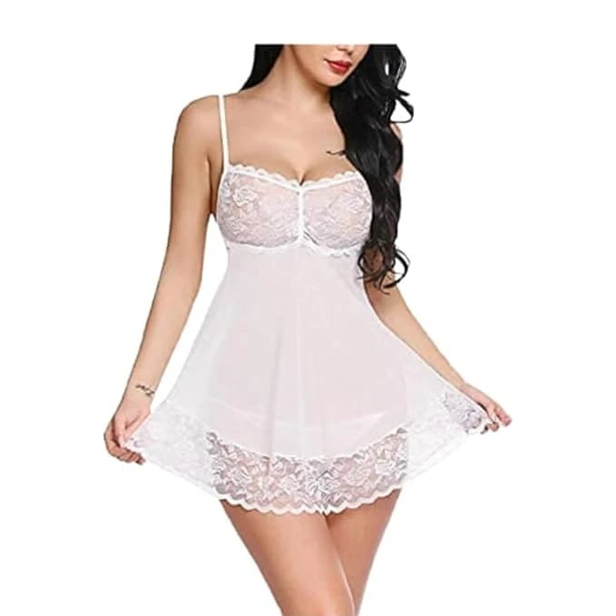Women's Lace Babydoll Lingerie, Sheer Mesh with Halter Neck, Satin Bow Detail Size Small Color White