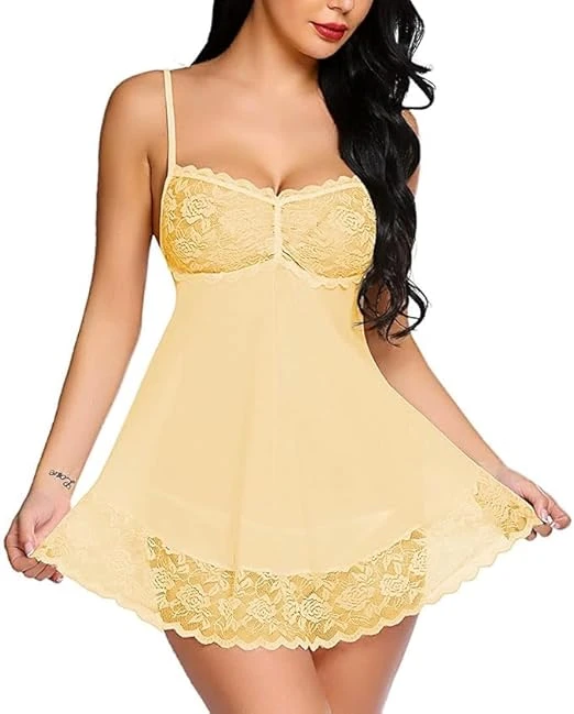 Women's Lace Babydoll Lingerie, Sheer Mesh with Halter Neck, Satin Bow Detail Size Small Color Yellow