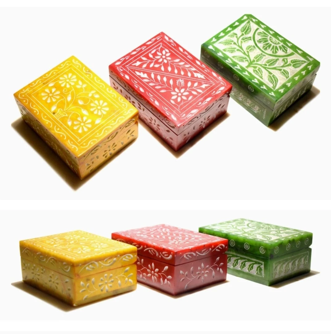 India Marble Storage Box for Home and Office Purpose |Floral Carving Decorative Box for Jewellery Storage/Gift |Trinket Ornament Box/Gift Holder with Traditional Design (Set of 3)