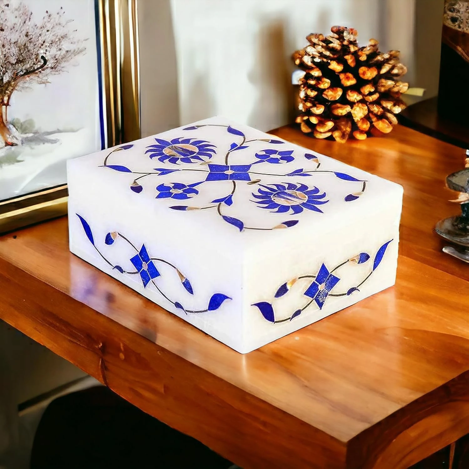 White Marble Handmade Decorative Jewellery Box | Storage Boxes | Jewellery Box Organisers for Women | 4 x 3 x 1.5 inch | White with Blue Inlay