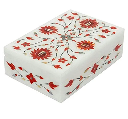 Traditional Indian Marble Jewelry Box (4x6 Inches, White)