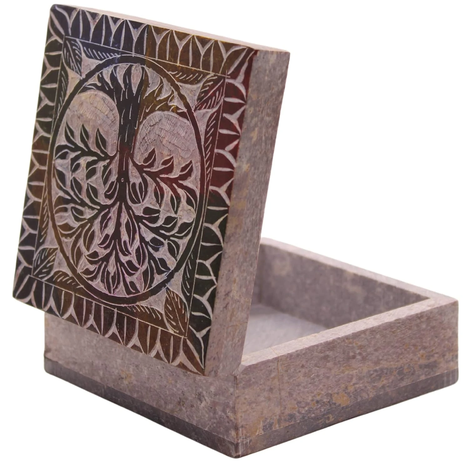 Hand Carved Marble Soapstone Square Shape Jewellery Box | Storage Organizer | Decorative Trinket Ornament Holder. (Multicolor, Length 4 Inch x Width 4 Inch x Height 2 Inch)