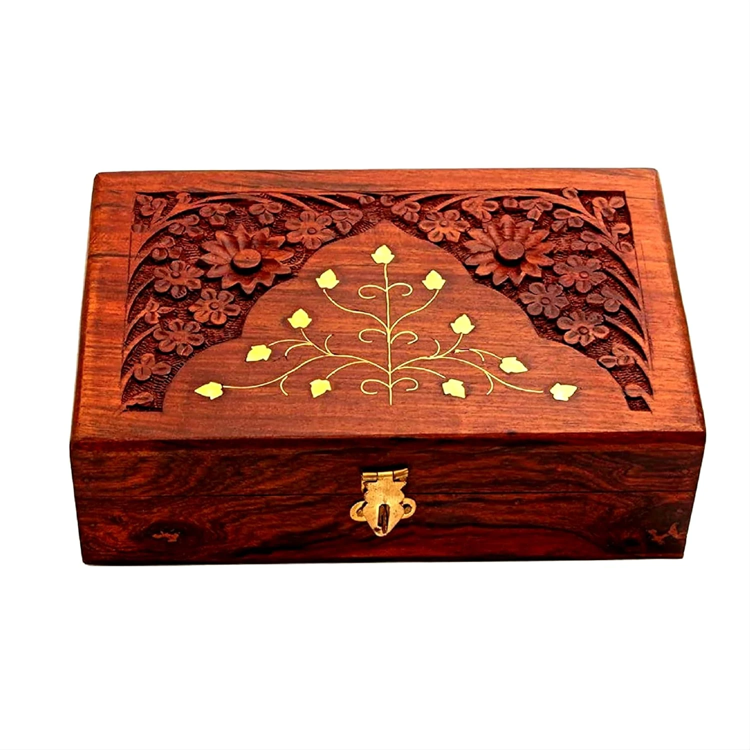 Handmade Wooden Keepsake Storage Box Jewelry Trinket Holder Organizer Floral Hand Carvings with Brass Inlay 8 inch