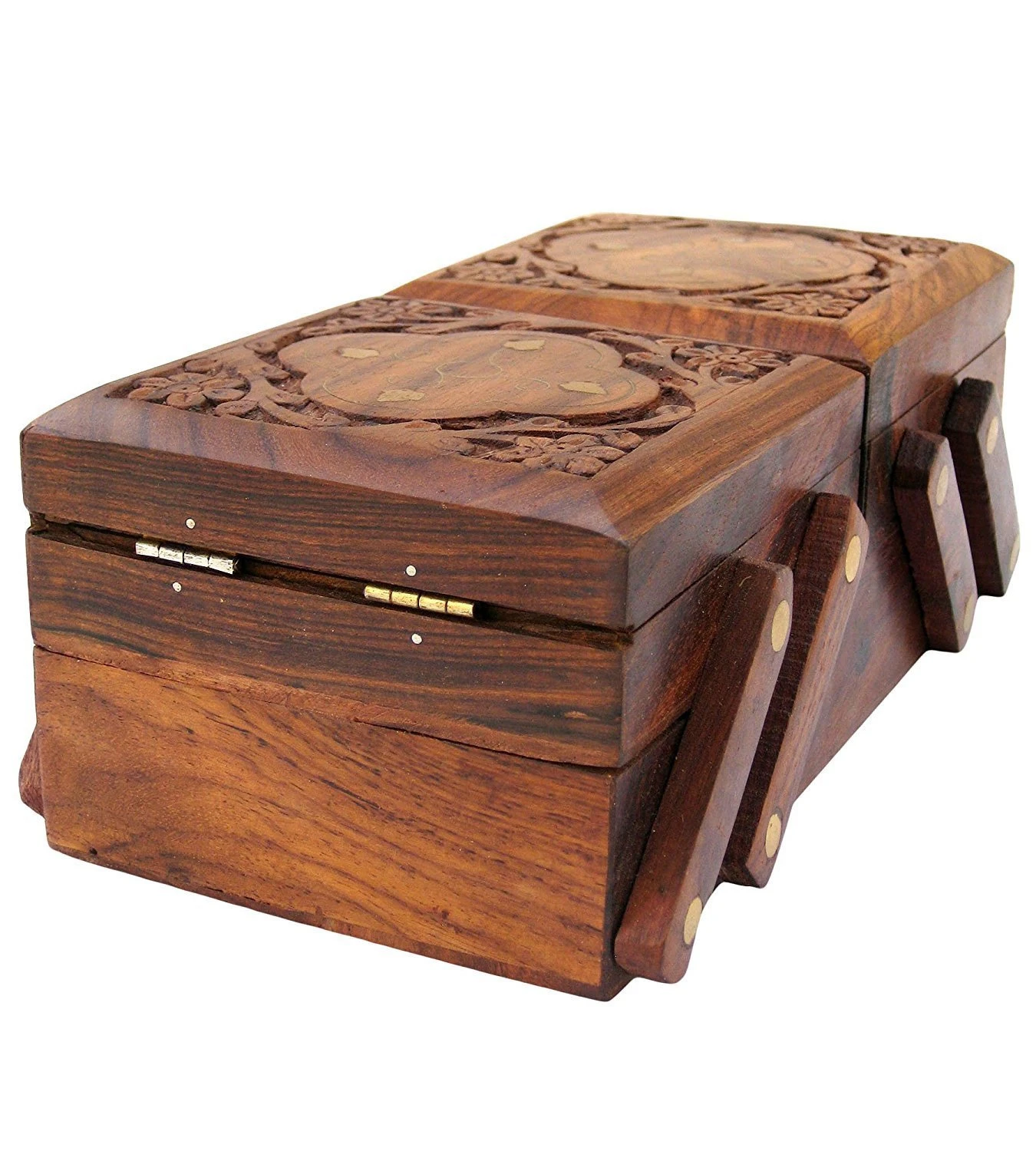 wooden Jewellery Box (Brass n Carving) for Women/girls Flip Flap Handmade Gift, 8 Inches