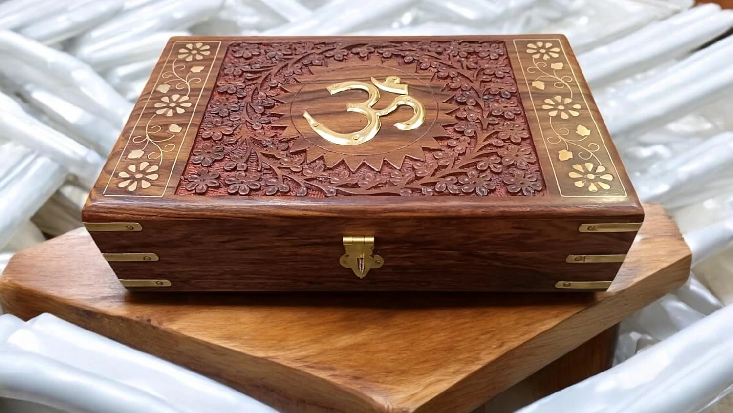 Handmade Sheesham Wooden Storage Box - Hand Carved Jewelry Box & Decorative Gift OM Box (10X6X2.5Inches) (Om)