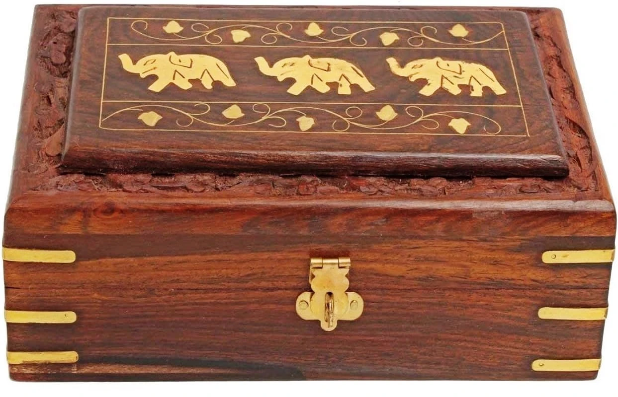 Gift Jewelry Box Brass Elephant Inlay Hand-Carved Rosewood 8-Inch – Wooden Keepsake Storage Box – Velvet Lined – Christmas Gift for Women, Girls, Mom – Artisan Made Organizer