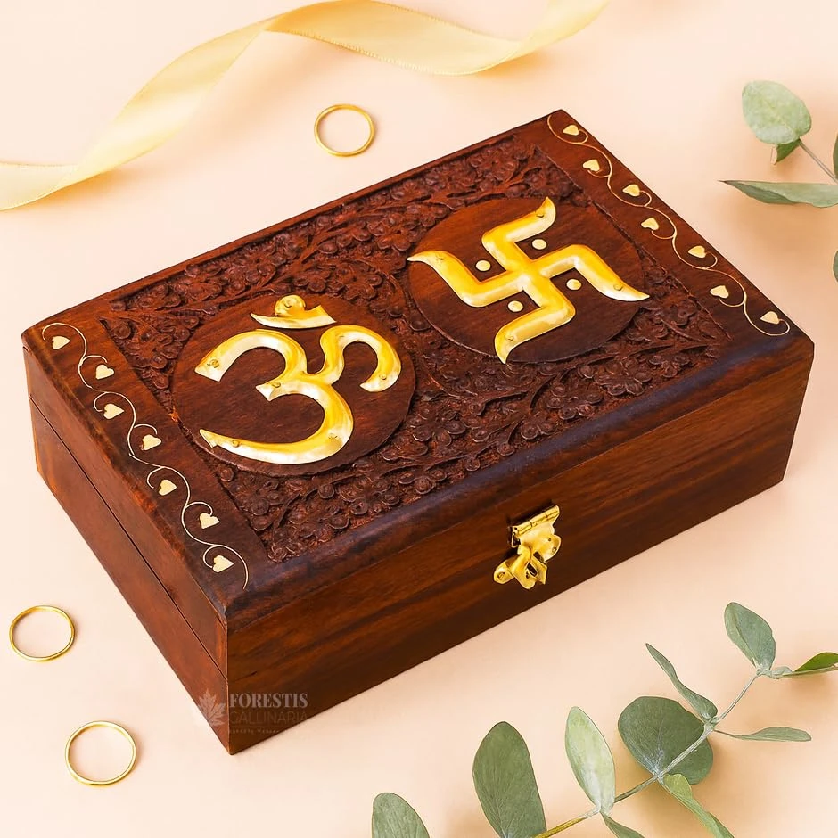 Wooden OM Box for Good Luck| Jewellery Box| Decorative Case| Kit| Vanity| Organiser For Women, Necklaces, cash, gold (8X5 Inches, Crowning)