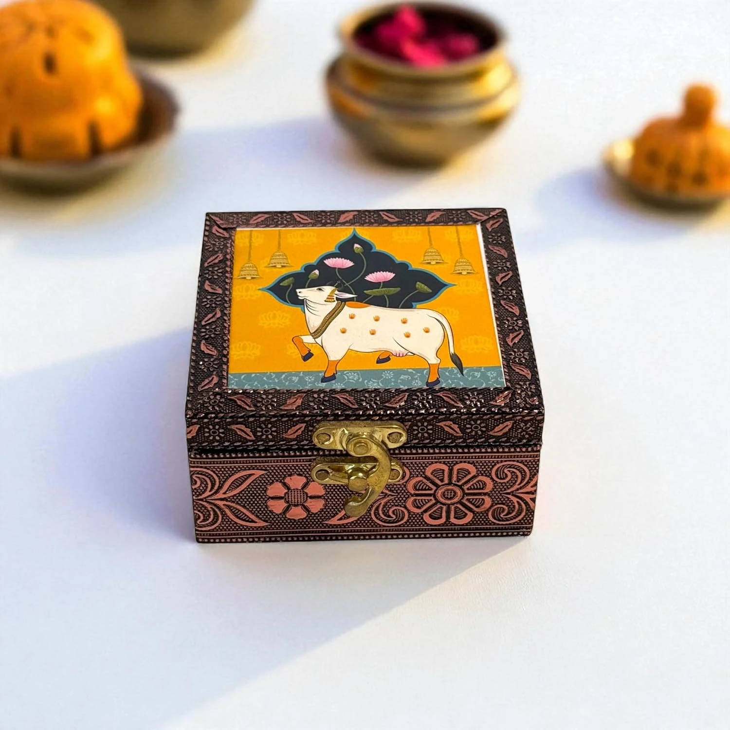 Handmade Wooden Pichwai Design Jewellery Box with Lock – Oxidised Finish, 4x4 Inch Organizer for Earrings, Rings, Necklace – Return Gift for Wedding, Pooja, Anniversary