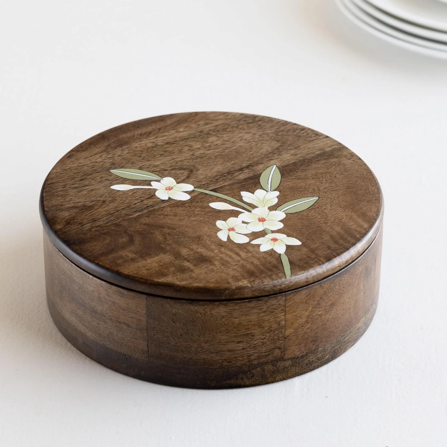 Wooden Handpainted Chapati Box for Kitchen | Wooden Casserole with Handpainted Flower design Lid (Size - 8in x 8in x 3in)