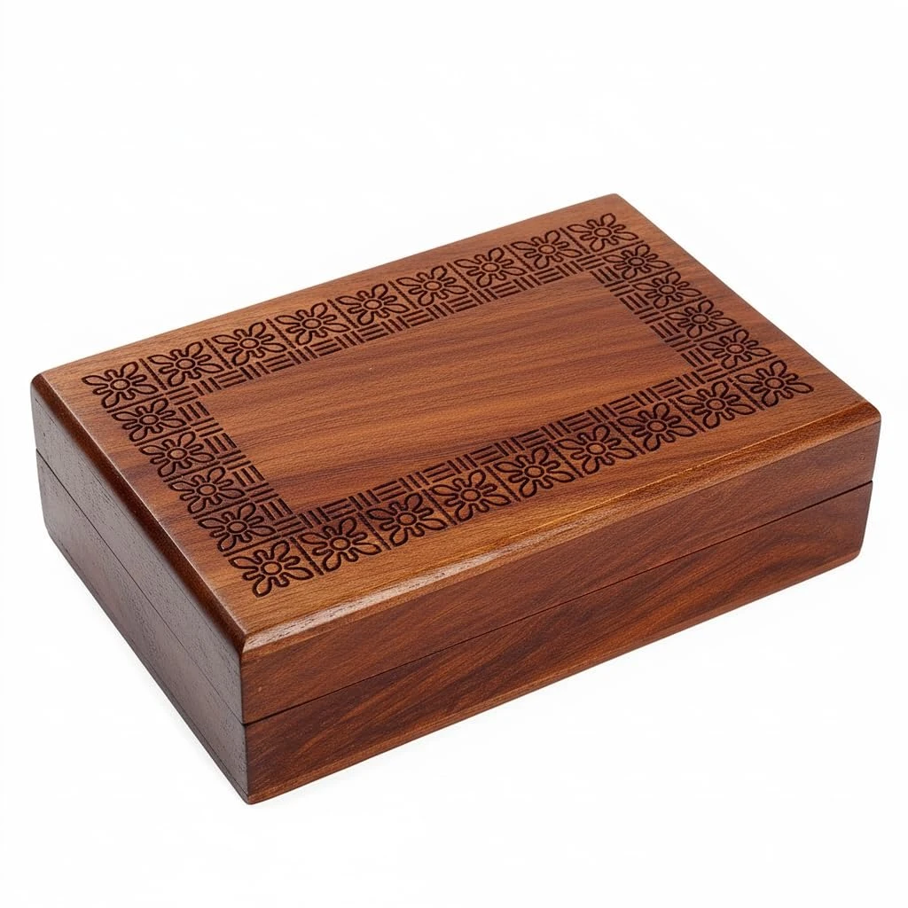 Handmade Wooden Keepsake Storage Box Jewelry Trinket Holder Organizer Floral Hand Carvings with Brass Inlay 8 inch (8.0x5.0 inch_RG0112)