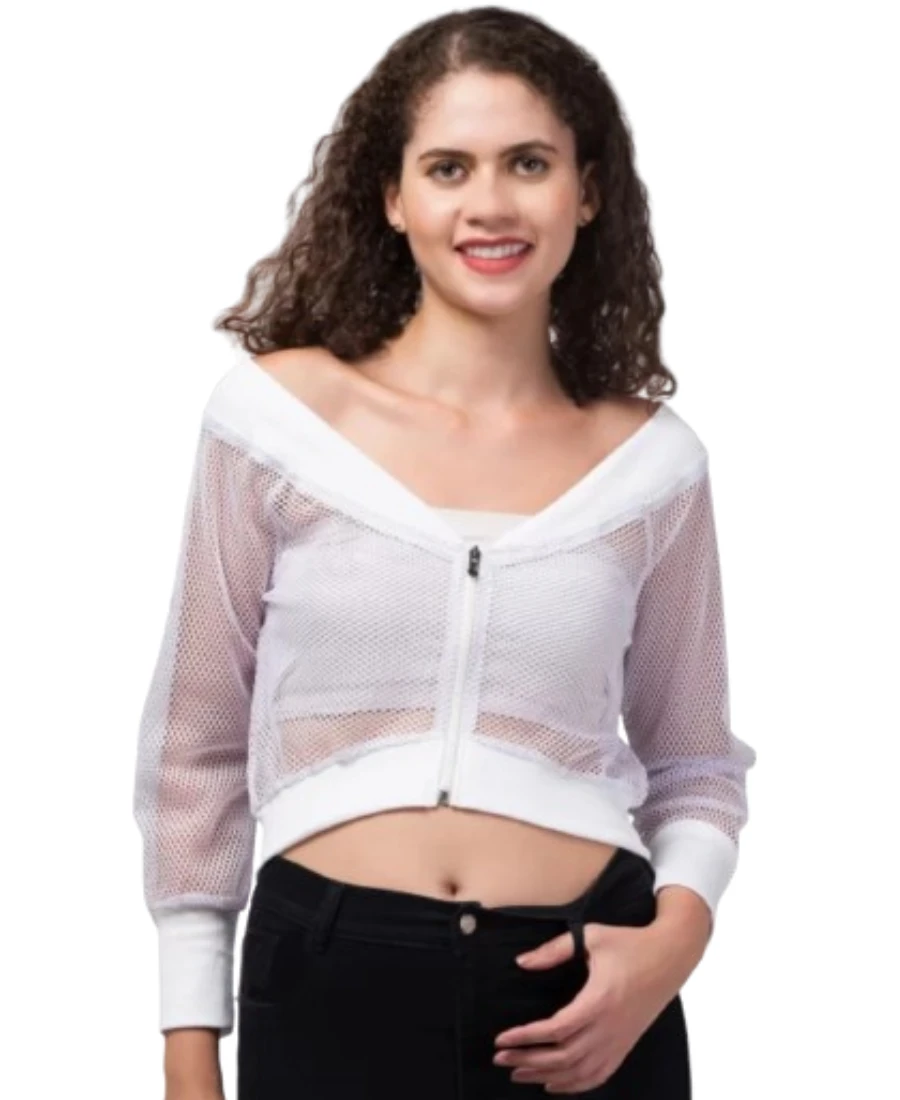 Talitha Fashion Net Crop Zipper Jacket for Women Long Sleeves (White)