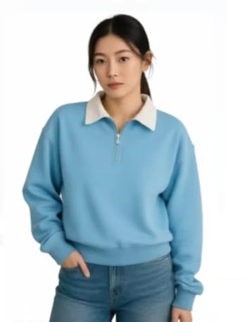 Talitha Fashion Boston Collegiate Half-Zip Sweatshirt, Cotton Blend Collar, Women's Super Combed Cotton Elastane Stretch Sweatshirt with Round Neck (in, Regular, Sky Blue)