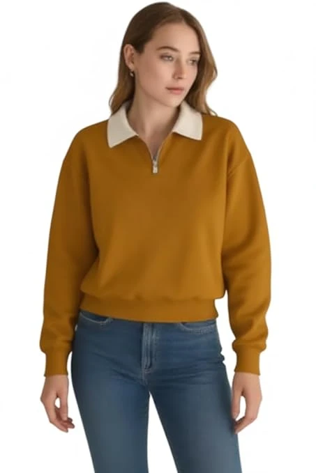 Talitha Fashion Boston Collegiate Half-Zip Sweatshirt, Cotton Blend Collar, Women's Super Combed Cotton Elastane Stretch Sweatshirt with Round Neck (in, Regular, Yellow)