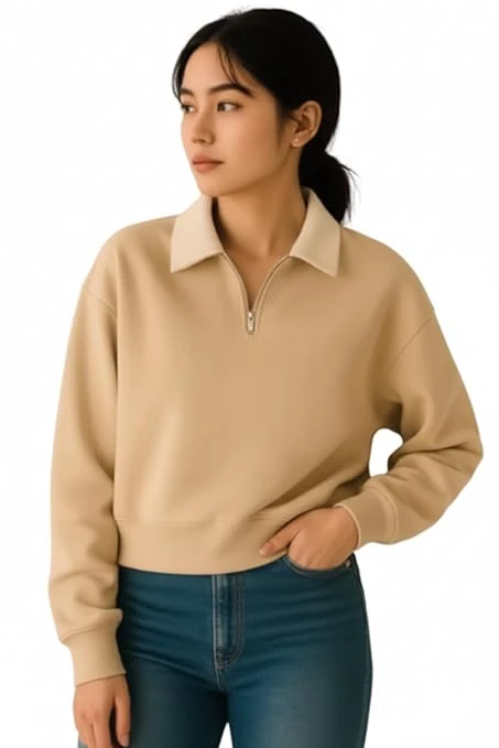 Talitha Fashion Boston Collegiate Half-Zip Sweatshirt, Cotton Blend Collar, Women's Super Combed Cotton Elastane Stretch Sweatshirt with Round Neck (in, Regular, Cream)