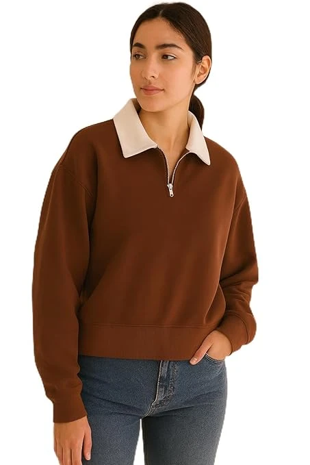 Talitha Fashion Boston Collegiate Half-Zip Sweatshirt, Cotton Blend Collar, Women's Super Combed Cotton Elastane Stretch Sweatshirt with Round Neck (in, Regular, Brown)