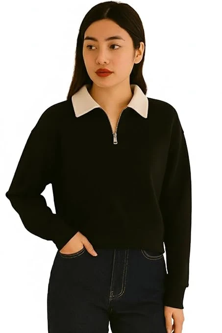 Talitha Fashion Boston Collegiate Half-Zip Sweatshirt, Cotton Blend Collar, Women's Super Combed Cotton Elastane Stretch Sweatshirt with Round Neck (in, Regular, Black)