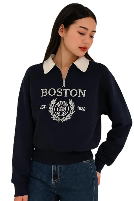 Boston Collegiate Half-Zip Sweatshirt, Cotton Blend Collar, Women's Super Combed Cotton Elastane Stretch Sweatshirt with Round Neck Color Black