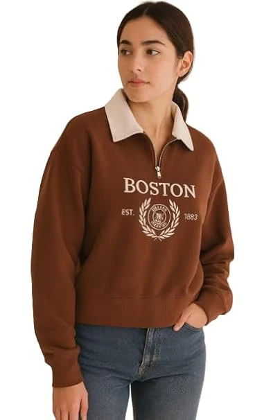 Boston Collegiate Half-Zip Sweatshirt, Cotton Blend Collar, Women's Super Combed Cotton Elastane Stretch Sweatshirt with Round Neck Color Brown