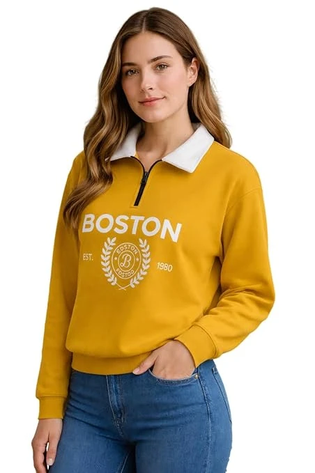 Boston Collegiate Half-Zip Sweatshirt, Cotton Blend Collar, Women's Super Combed Cotton Elastane Stretch Sweatshirt with Round Neck Color Yellow