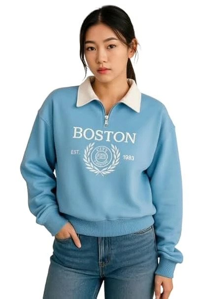 Boston Collegiate Half-Zip Sweatshirt, Cotton Blend Collar, Women's Super Combed Cotton Elastane Stretch Sweatshirt with Round Neck Color Sky Blue