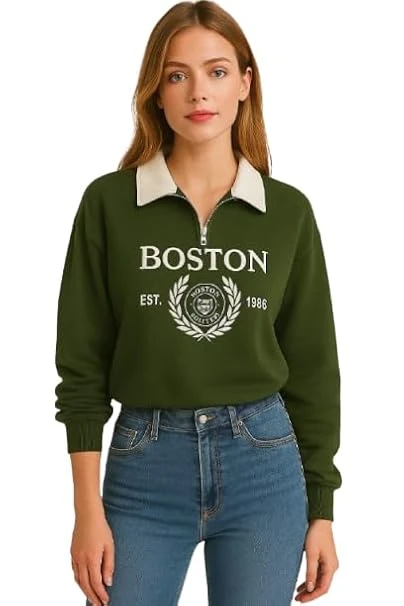 Boston Collegiate Half-Zip Sweatshirt, Cotton Blend Collar, Women's Super Combed Cotton Elastane Stretch Sweatshirt with Round Neck Color Matt Green
