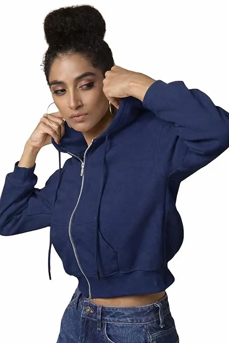 Soft Fleece Solid Long Sleeve Drawstring Crop Zipper Jacket Hooded Full Zip Up Sweatshirt for Women's Girl's Winter Wear Crop Hoodie |