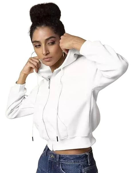 Soft Fleece Solid Long Sleeve Drawstring Crop Zipper Jacket Hooded Full Zip Up Sweatshirt for Women's Girl's Winter Wear Crop Hoodie | Color White