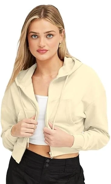 Soft Fleece Solid Long Sleeve Drawstring Crop Zipper Jacket Hooded Full Zip Up Sweatshirt for Women's Girl's Winter Wear Crop Hoodie | Color Beige