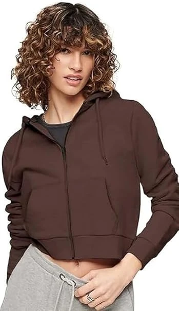 Soft Fleece Solid Long Sleeve Drawstring Crop Zipper Jacket Hooded Full Zip Up Sweatshirt for Women's Girl's Winter Wear Crop Hoodie | Color Brown