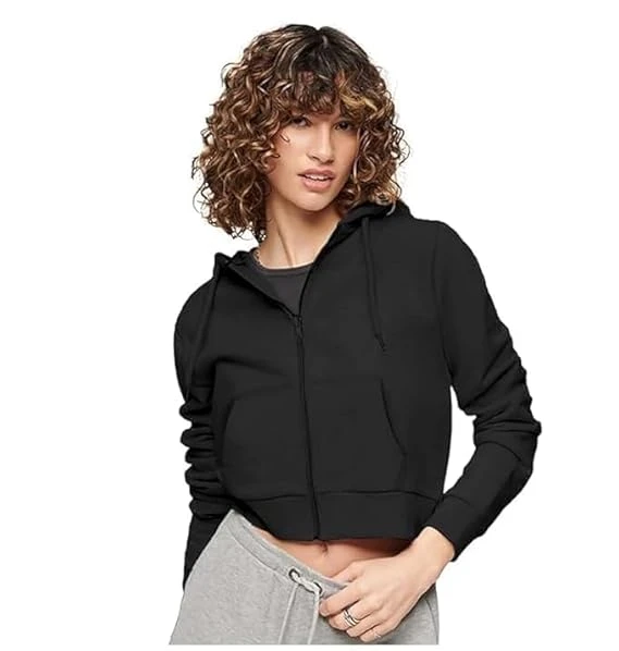 Soft Fleece Solid Long Sleeve Drawstring Crop Zipper Jacket Hooded Full Zip Up Sweatshirt for Women's Girl's Winter Wear Crop Hoodie | Color Black