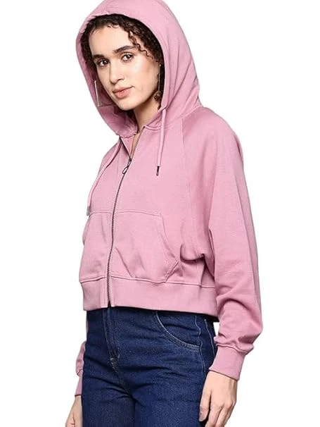 Soft Fleece Solid Long Sleeve Drawstring Crop Zipper Jacket Hooded Full Zip Up Sweatshirt for Women's Girl's Winter Wear Crop Hoodie | Color Dusty Pink