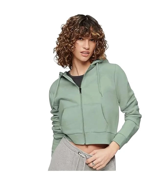 Soft Fleece Solid Long Sleeve Drawstring Crop Zipper Jacket Hooded Full Zip Up Sweatshirt for Women's Girl's Winter Wear Crop Hoodie | Color Olive Green