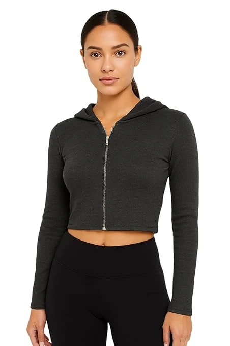 Talitha Fashion Women's Cropped Zip-Up Hoodie, Cotton Blend, Long Sleeve, Regular Fit, Casual Athletic Style t-Shirt