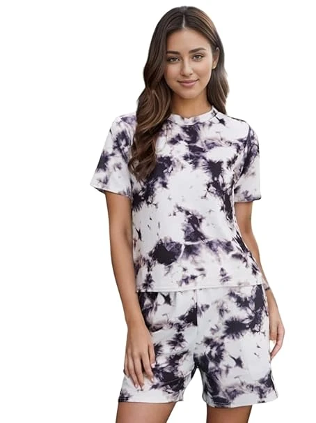 Talitha Fashion Women’s Cotton Half Pajama Set with Top & Pants Lycra Printed & Knitted Round Neck Nightwear Sets | Short Sleeve Nightsuite for Women and Girls Nightdress Color Black White