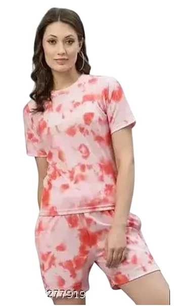 Talitha Fashion Women’s Cotton Half Pajama Set with Top & Pants Lycra Printed & Knitted Round Neck Nightwear Sets | Short Sleeve Nightsuite for Women and Girls Nightdress Color Orange