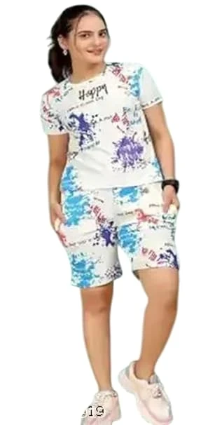 Talitha Fashion Women’s Cotton Half Pajama Set with Top & Pants Lycra Printed & Knitted Round Neck Nightwear Sets | Short Sleeve Nightsuite for Women and Girls Nightdress Color White