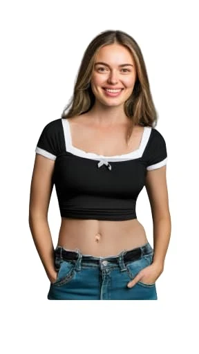 Talitha Fashion Half Sleeves Solid Designer Lace Lycra Top for Women's, Casual Fit Elegant Summer Blouse Top for Girls Regular Slevees | Breathable Fabric Color Black