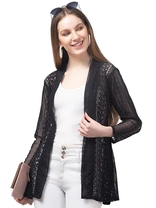 Talitha Fashion Women's Lace Shrug - Long Sleeve Regualar Open Front, Sheer Mesh Cover Summer Wear Full sleeves Jacket Style For Jeans (IN, Alpha, L, Regular, Black)