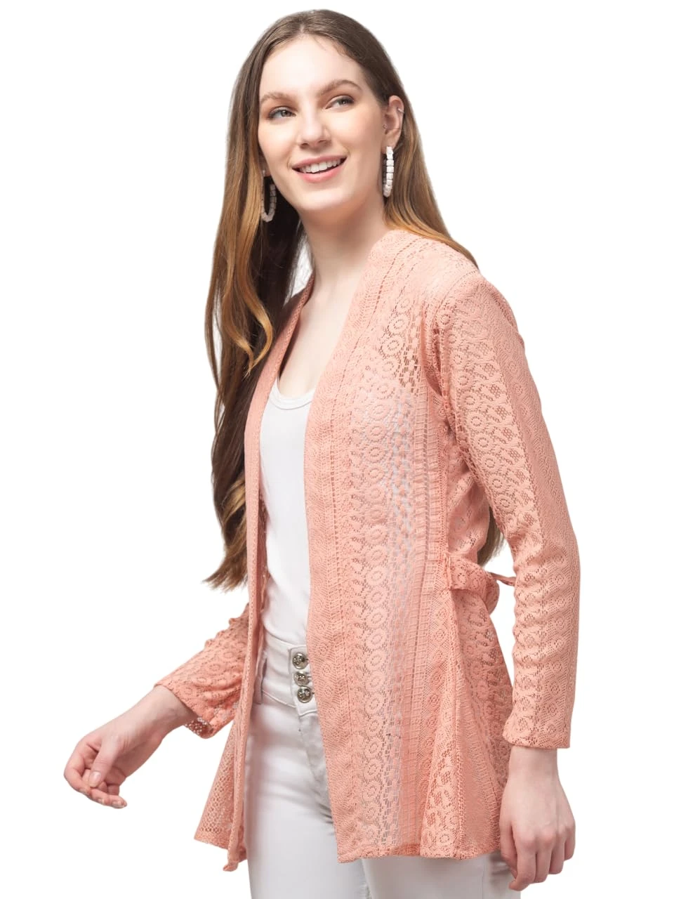 Talitha Fashion Women's Lace Shrug - Long Sleeve Regualar Open Front, Sheer Mesh Cover Summer Wear Full sleeves Jacket Style For Jeans (IN, Alpha, XL, Regular, Peach)