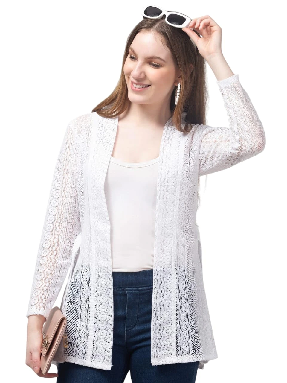 Talitha Fashion Women's Lace Shrug - Long Sleeve Regualar Open Front, Sheer Mesh Cover Summer Wear Full sleeves Jacket Style For Jeans (IN, Alpha, L, Regular, White)