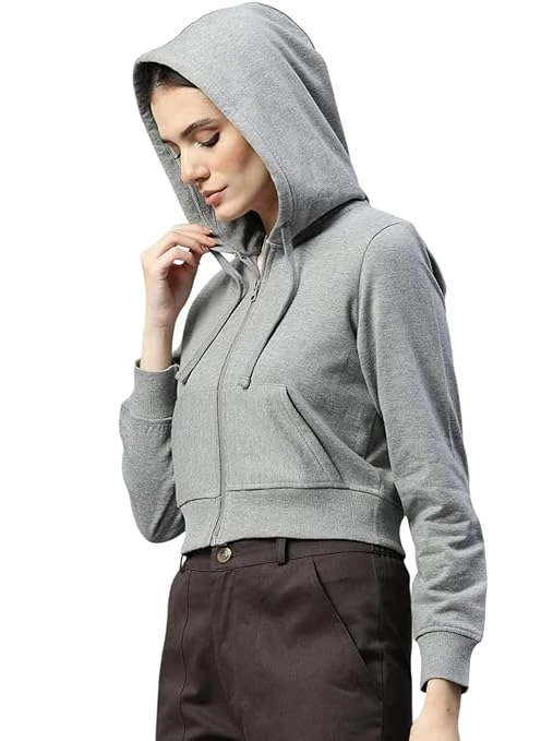 Winter Wear Solid Crop Zipper Jacket Hooded Solid Fleece Crop Zipper Hoodie Sweatshirt | Long Sleeves Winter Wear for Women's with Kangaroo Pocket