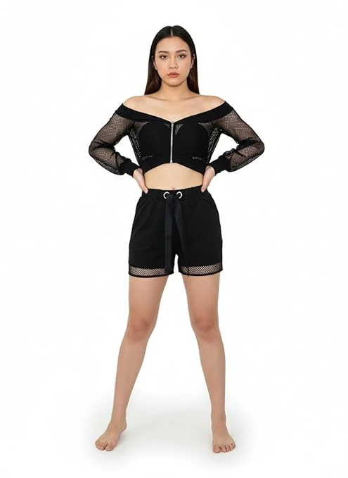 Talitha Fashion Women’s Mesh Crop Off-Shoulder Sheer Jacket with Long Sleeve Zip-Up Sexy Trendy Clubwear Crop Top Stylish for Women–Summer Outerwear, Black, L