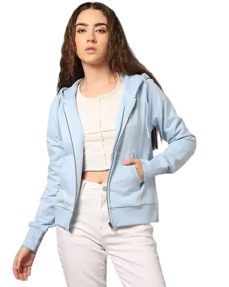Talitha Fashion Women's Solid Casual Zipper Sweatshirt for Winter | Lightweight Fleece Full Sleeves Front Zip-Up Women Stylish Hooded Neck Zipper Hoodie for Winter (IN, Alpha, S, Regular, Sky Blue)