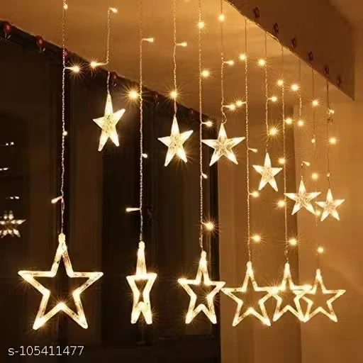 X Pulse 138 LED 10 Stars 8 Flashing Modes /Star Curtain String Lights (Star Light Warm Yellow,Set of 2,Corded electric,Plastic)