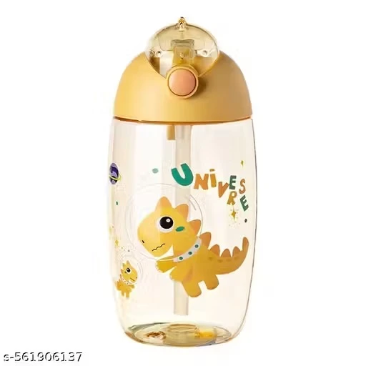 SMALL CUTE DINO PRINT PLASTIC WATER BOTTLE WITH STARW AND HANDY SIDE RUBBER ROPE BUTTON WITH STRAW 600ML (PACK OF 1) NO COLOUR CHOICE RANDOM COLOUR SELECTION