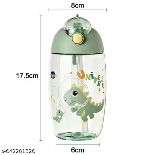 SMALL CUTE DINO PRINT PLASTIC WATER BOTTLE WITH STARW AND HANDY SIDE RUBBER ROPE BUTTON WITH STRAW 600ML (PACK OF 1) NO COLOUR CHOICE RANDOM COLOUR SELECTION