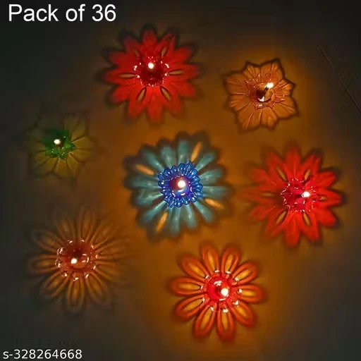 X Pulse Pack of 36 Designer Transparent Diya 3D Reflection Diya Set Designer Shadow Diya for Diwali Decoration Glass Diya for Pooja -Multicolor