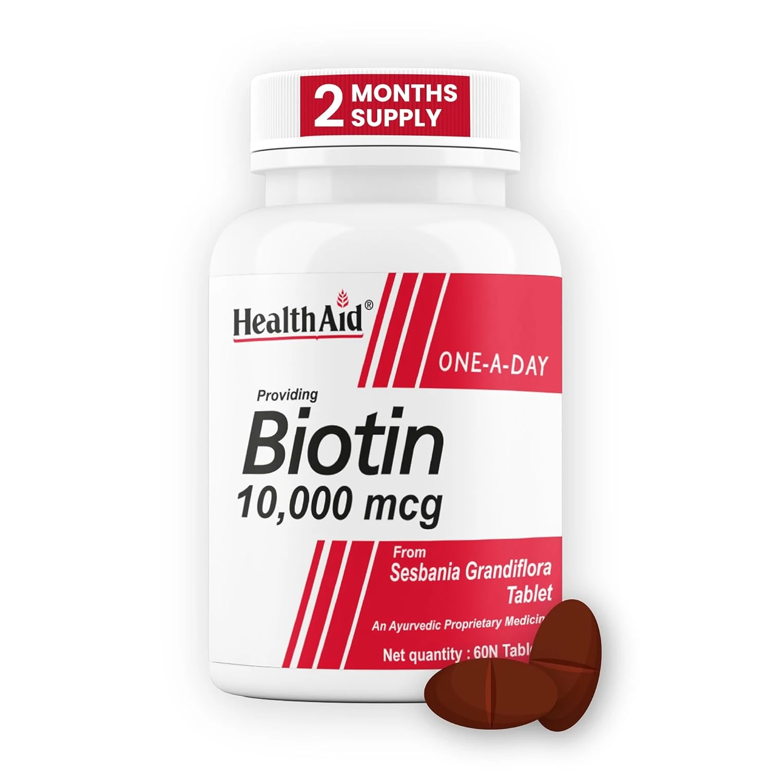 HealthAid Biotin 10000mcg – 60 Vegetarian Tablets | Plant-Based Biotin from Sesbania | Supports Healthy Hair, Skin & Nail Strength for Men & Women